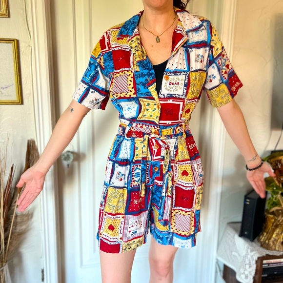 Vintage CABAZON Bandana Patchwork Romper 90s Rayon Festival Jumpsuit Style Small - Picture 1 of 13